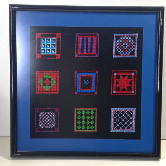 Vintage Handmade Amish Quilt Squares 14" Framed Cross Stitch - Picture 1 of 11